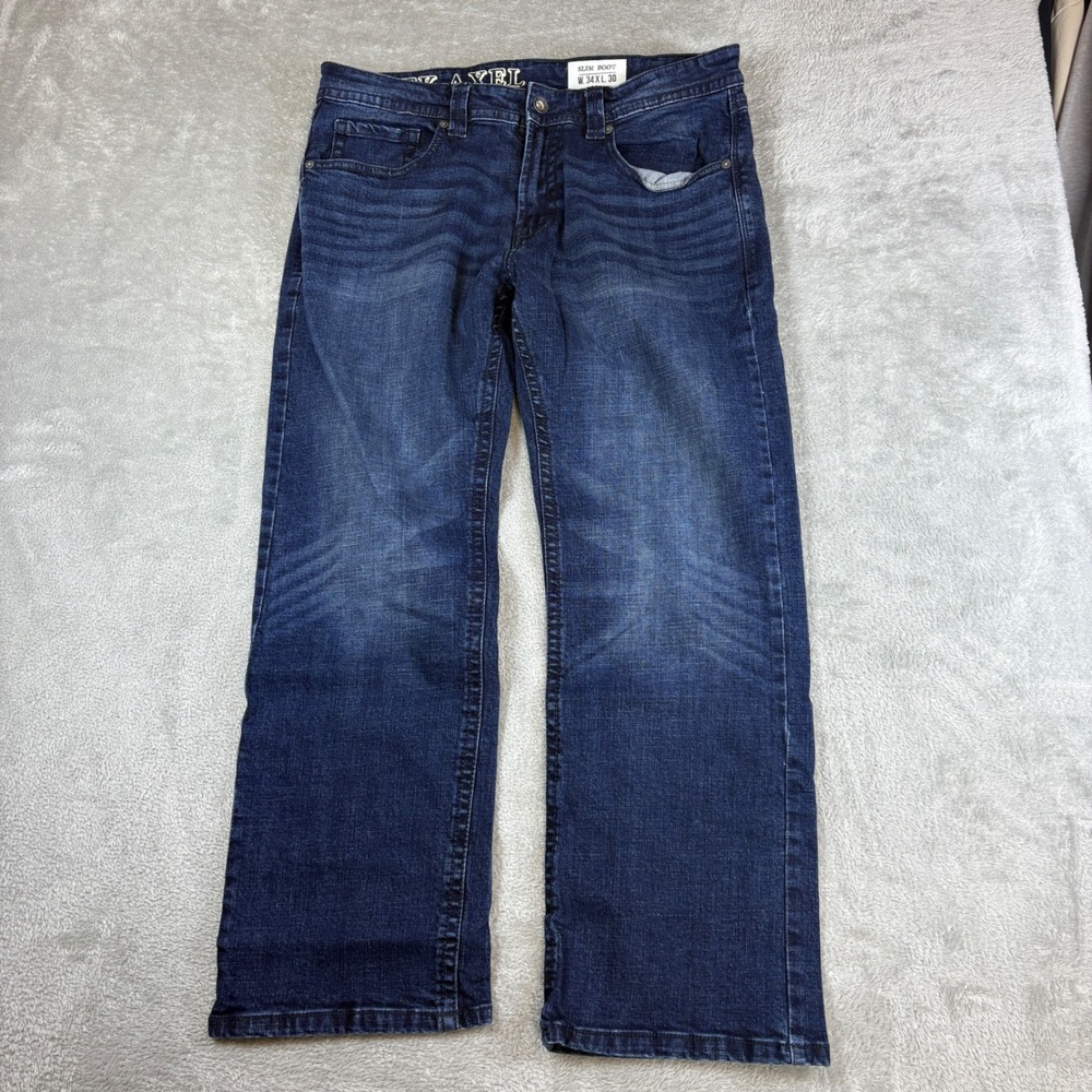 TK Axel Jeans Men 34x30 (Fits 36x29) Slim Boot Blue Whiskered Faded Stretch